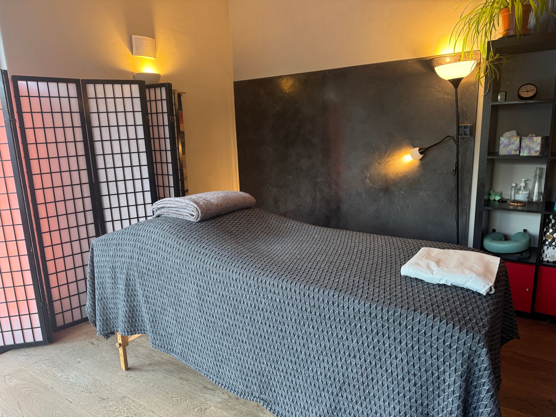 A finished GLO Wall in dark hand-trowelled plaster behind a treatment table